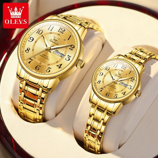 OLEVS Armbanduhr Paar, Quarz, Edelstahl, Gold, Datum, Unisex - Bild 1