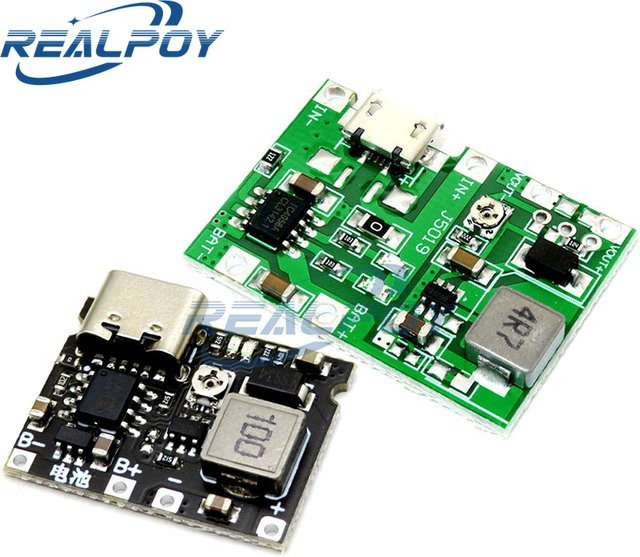 REALPOY TP4056 Step Up Modul für 18650 Lithium Li-Ion Batterien, Einstellbar, 2A, Grün, mit Micro-USB Anschluss - Bild 1