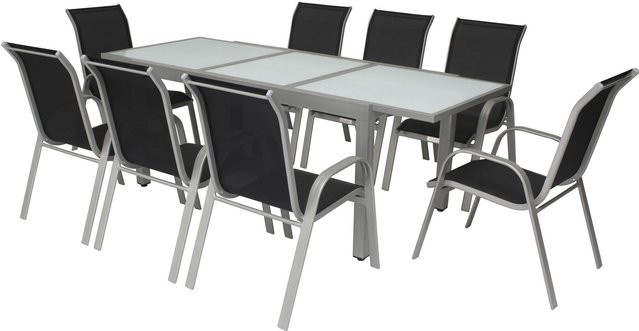 Villana Garten-Essgruppe aus Aluminium und Textil in Silber/Schwarz mit Ausziehtisch und 8 Stapelstühlen - Bild 1