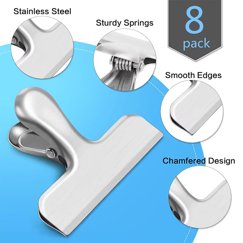8 Stück Edelstahl Beutel-Clips in 4 Größen, silberne Clip-Verschlüsse für luftdichte Lebensmittelverpackungen und Snacks - Bild 2
