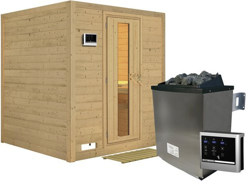 Karibu Sauna Sindi aus Fichtenholz mit 9 kW Saunaofen und externer Steuerung für 4 Personen, Farbe: beige - Bild 1