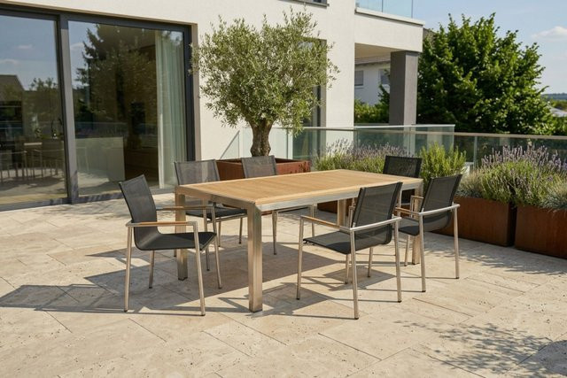 OUTFLEXX Garten-Essgruppe aus Teakholz, Edelstahl und Textilene in Natur/Anthrazit mit Tisch und 6 Diningsesseln, Tisch B: 180 cm, T: 90 cm, H: 75 cm - Bild 1