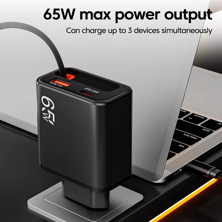 65W USB-C Wandladegerät mit einziehbarem Super-Schnellladekabel in Schwarz für iPhone, POCO und Xiaomi mit QC 3.0 und USB PD Unterstützung - Bild 2