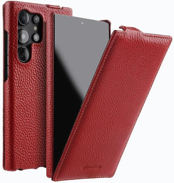 Melkco Handgefertigte Rindslederhülle für Samsung Galaxy S26 Ultra und S26+ Plus 5G Premium Vertikale Flip-Hülle in Rot - Bild 1