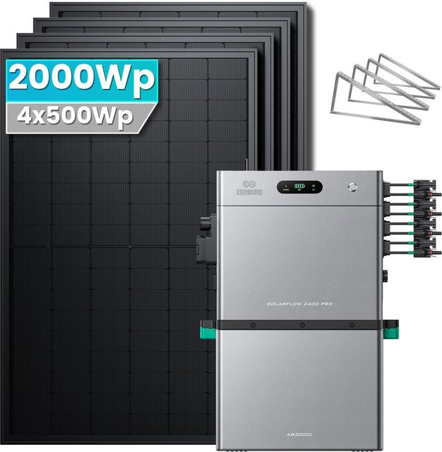 SolarMars Balkonkraftwerk mit 2000W und 5,28 kWh Speicher, Zendure SolarFlow 2400 PRO + AB3000L, 4 MPPT, Grau, inklusive Flachdachhalterung - Bild 1