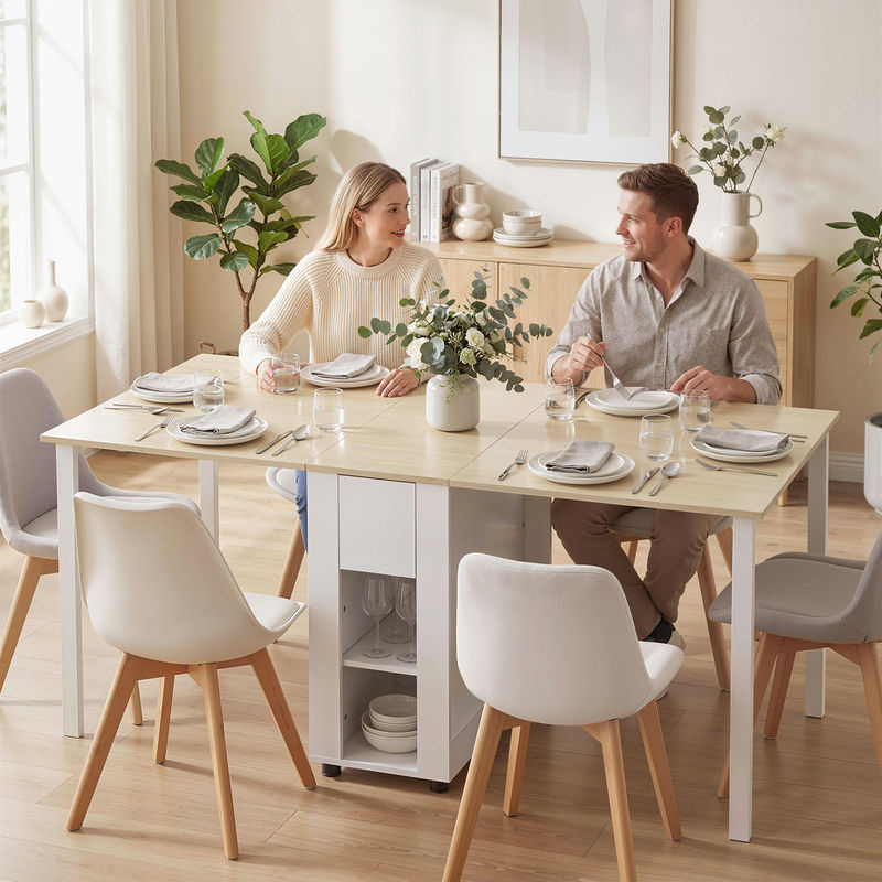 HOMCOM Klappbarer Esstisch mit 2 Schubladen und 4 Ablagen, moderner Küchentisch für bis zu 6 Personen in Natur und Weiß, B/T/H: 168,2 x 85 x 73 cm - Bild 2