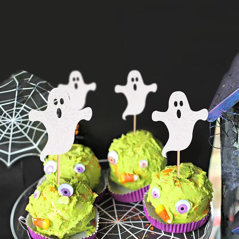12 Stück VRISE Halloween White Ghost Cupcake Topper aus Papier für Party und Babyparty Dekoration in Weiß - Bild 4