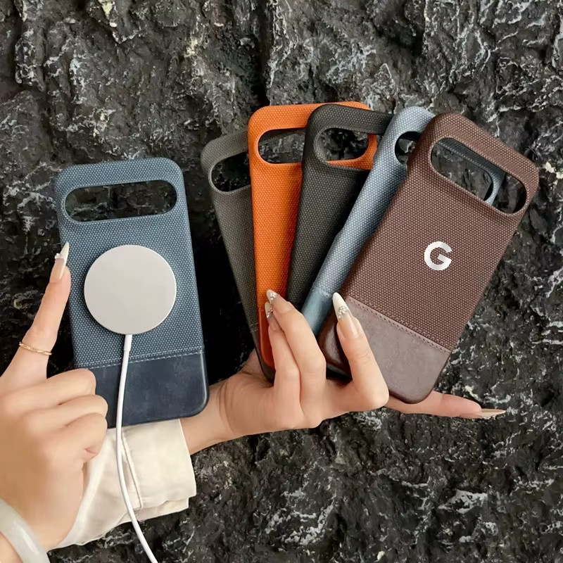 Business Patchwork Denim Leder Schutzhülle für Google Pixel 11 10 9 8 Pro XL mit Magnetfunktion für MagSafe Wireless Charging in Blau - Bild 3