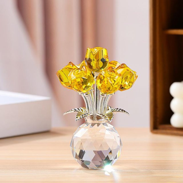 Handgefertigte Kristallrosen-Skulptur aus Glas von HKyo in Braun und Gelb mit floralem Design - Bild 1