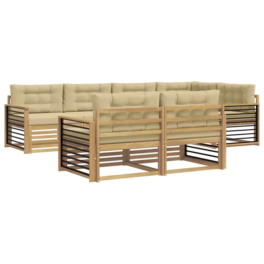 vidaXL 7-tlg. Outdoor-Sofagarnitur in L-Form aus Akazienholz mit Kissen in Weiß und Beige - Bild 2