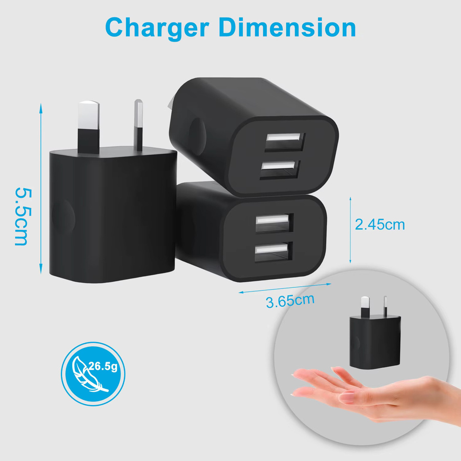 TAQKRED Dual-USB-Netzadapter Set, 4 Stück, Schwarz, 5V/2.1A Wandladegerät mit AU-Stecker für iPhone, iPad und Samsung - Bild 3