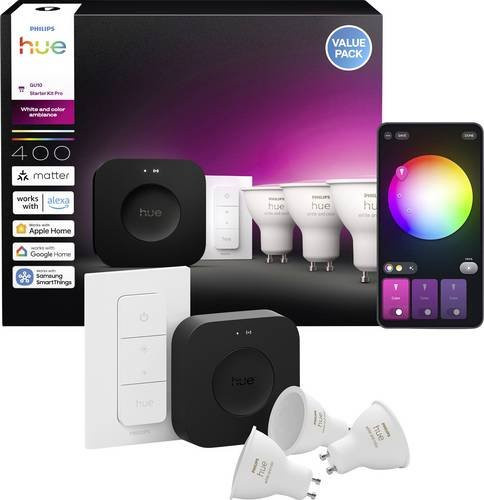 Philips Hue White & Color Ambiance Starterset mit Bridge Pro, 3 GU10 LED-Leuchtmitteln und Dimmer in Weiß - Bild 2