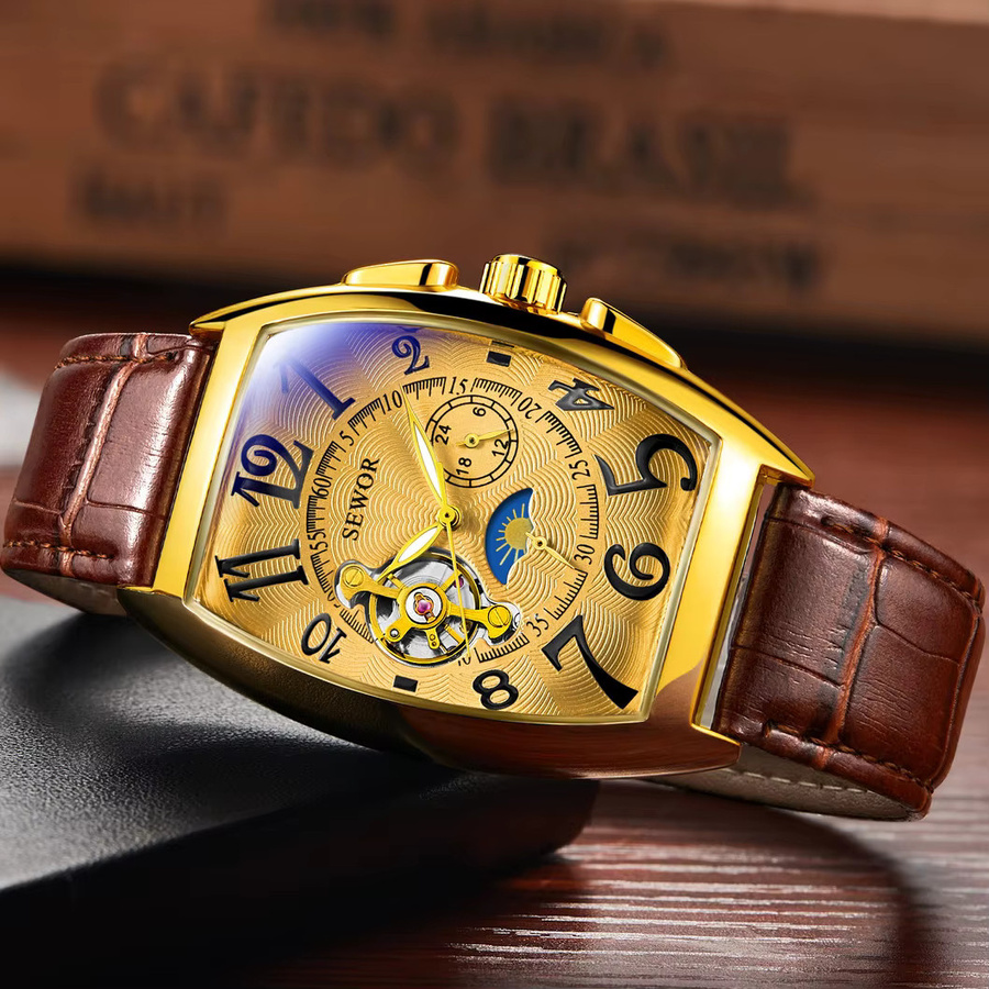 SEWOR Armbanduhr, Automatik, Gold, Tonneau, Leder, Herren - Bild 2