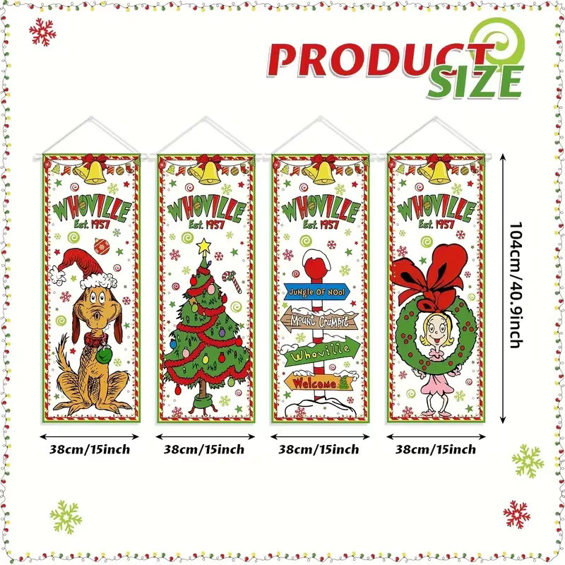 VIKAMA 4-teiliges Weihnachtsbanner zum Aufhängen Willkommen bei Whoville in Mehrfarbig für Innen- und Außenbereich - Bild 4