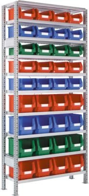 SSI Schäfer Steckregal R 3000 Komplettregal in Silber und Multicolour mit 10 verstellbaren Böden und 36 Kunststoffkästen, B/T/H: 105,5 x 40,0 x 227,8 cm - Bild 1