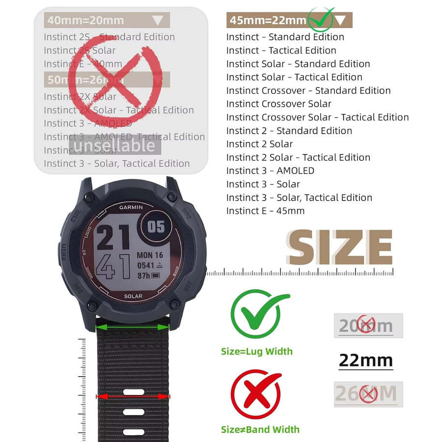 Runcool Uhrenarmband Nylon, Schwarz, 22 mm, kompatibel mit Garmin Instinct 2 - Bild 3