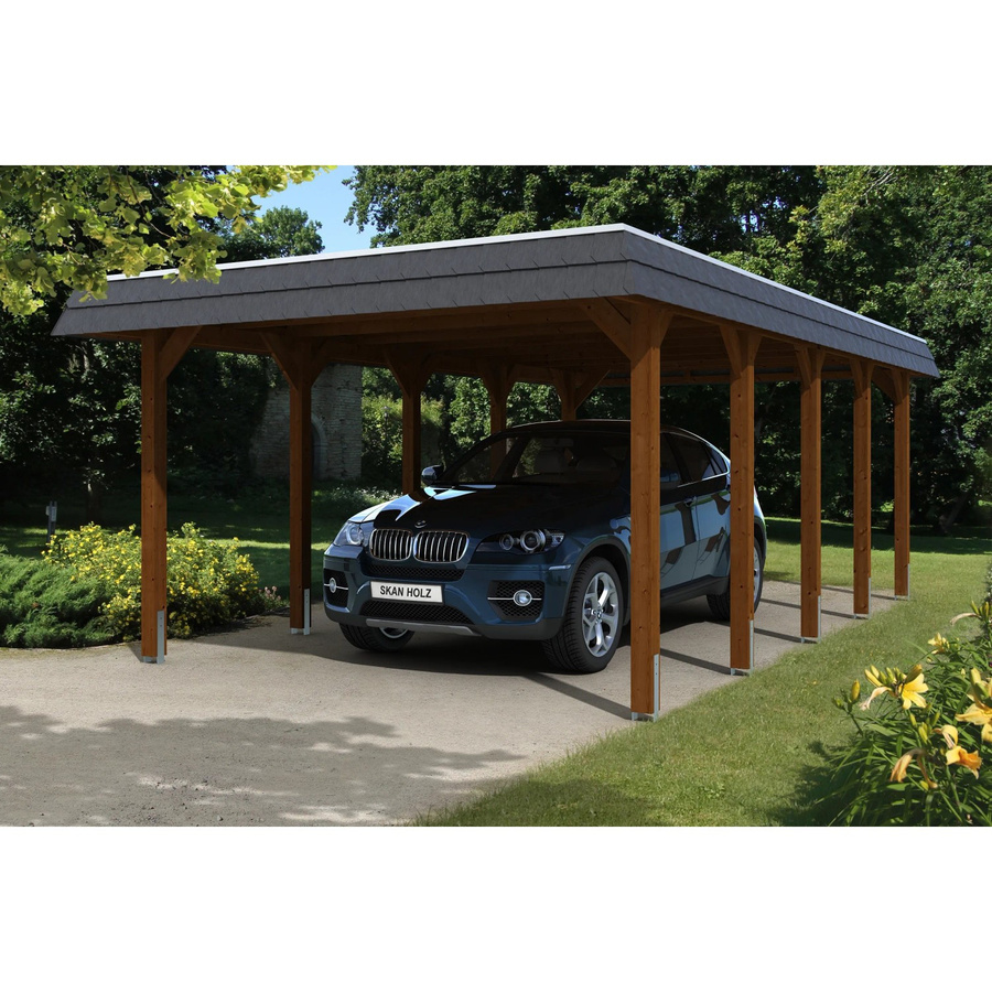 Skan Holz Carport Spreewald aus Nadelholz in Nussbaum mit schwarzer Blende und EPDM-Dach, B: 396 cm, H: 244 cm - Bild 2