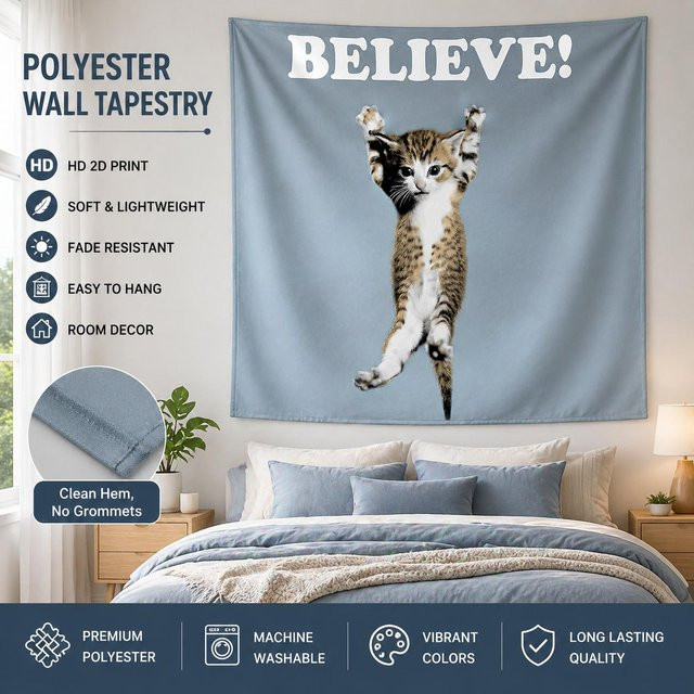 Motivierender Glaube Katze Wandteppich von JMG Household Supplies in Blau, Polyesterstoff für dein Zimmer oder Büro, B: 120 cm, H: 180 cm - Bild 1