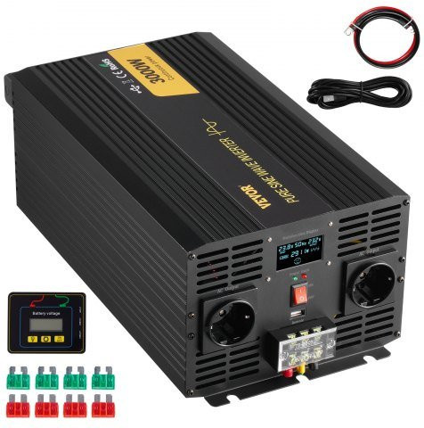 VEVOR Wechselrichter mit reiner Sinuswelle 3000 Watt DC 24V auf AC 230V in Schwarz mit USB-Anschluss, LCD-Display und Fernbedienung für Wohnmobil, LKW, Auto und Solaranlagen - Bild 1