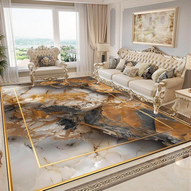 JGJG Teppich in Gold mit Marmorstil, rutschfest und waschbar, B/T: 140 x 200 cm - Bild 1