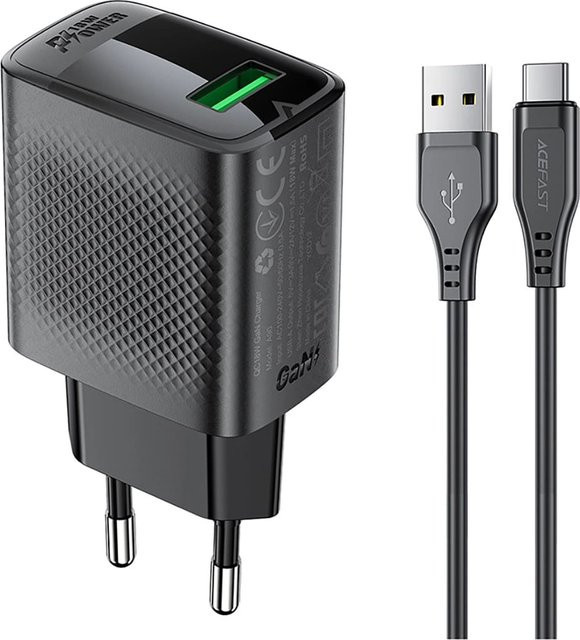 Acefast A90 Netzladegerät mit USB-C Kabel, 18W, 3A, 1 x USB-A, Schwarz - Bild 1