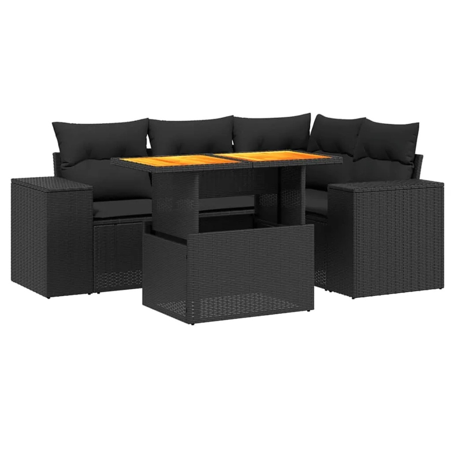 vidaXL 5-tlg Garten-Sofagarnitur in L-Form mit Kissen und Couchtisch, Schwarz, Poly-Rattan und Metallgestell - Bild 2