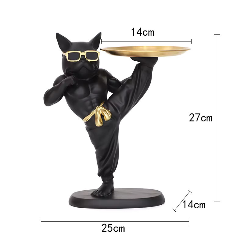 GUOFEI Tierornament Französische Bulldogge im Kung-Fu-Stil aus Kunstharz, schwarzes Tablett für Schreibtisch und Küche, Durchmesser: 27 cm - Bild 4