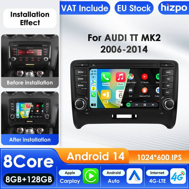 Hizpo 7 Zoll Android 14 Autoradio mit Carplay, 4G, GPS und WIFI für AUDI TT MK2 8J 2006-2014 in Schwarz - Bild 1