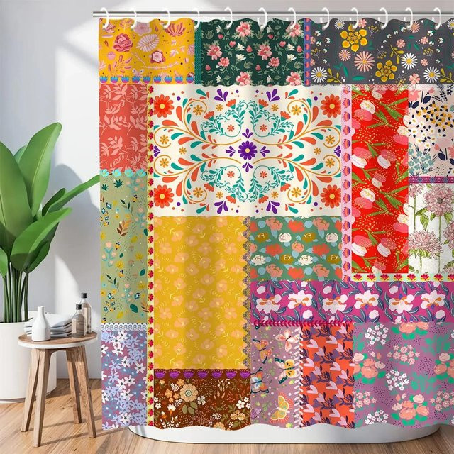 Wasserdichter Duschvorhang mit böhmischem Patchwork-Blumenmuster in Multicolour, B/H: 200 x 180 cm - Bild 1