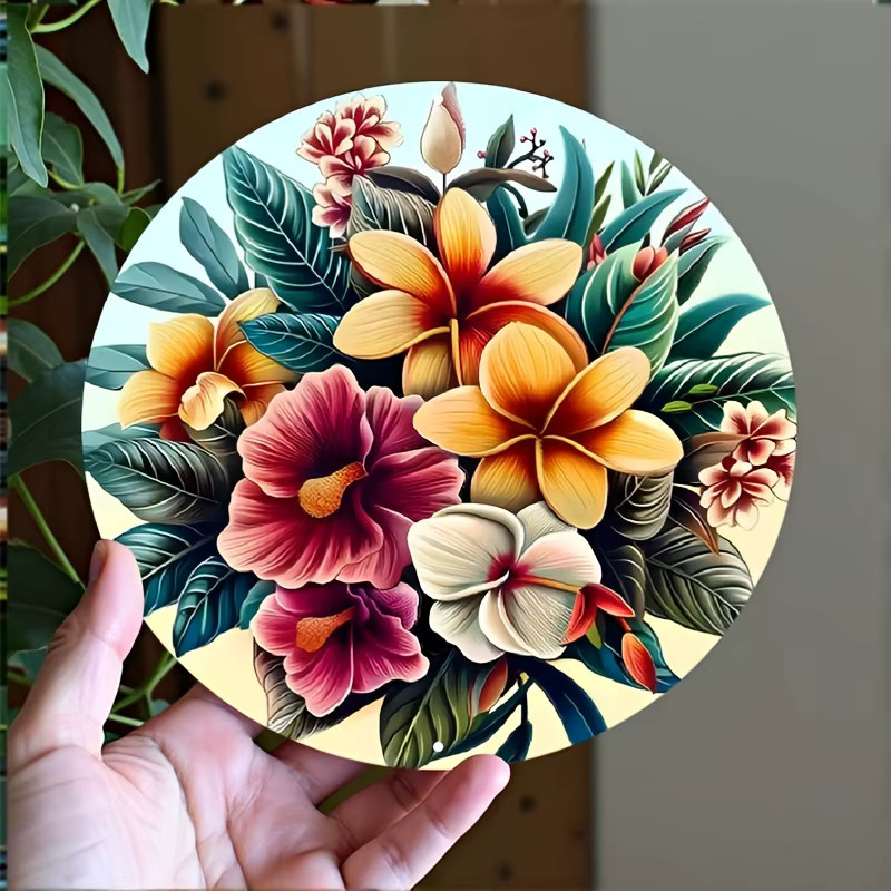 Runde Tropical Flower Wanddekoration von Potdemiel aus Metall in Multicolour mit Hibiskus und Plumeria, Durchmesser: 20 cm - Bild 2