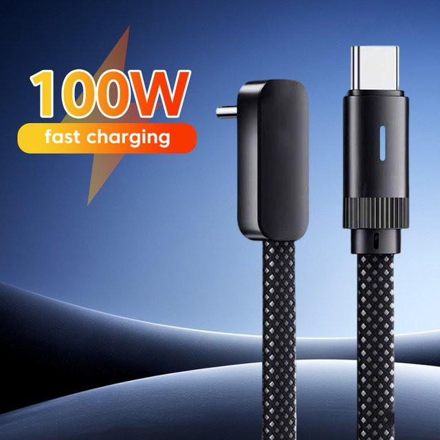 100W USB Typ C Schnellladekabel mit 90-Grad-Doppel-Winkel und flachem Nylon-Geflecht in Schwarz - Bild 1