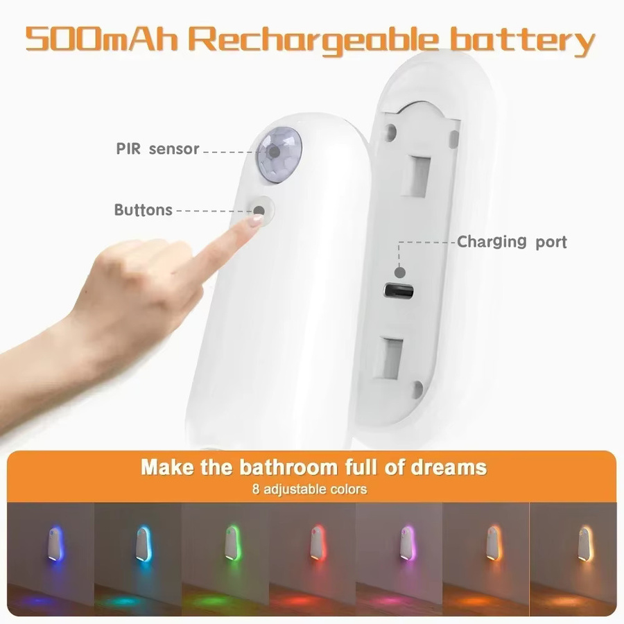 LINYILIGHT RGB LED Nachtlicht mit Bewegungsmelder, wiederaufladbare Stufenbeleuchtung mit Typ C Anschluss für WC, Badezimmer, Flur und Treppen, Multicolor und Weiß - Bild 5