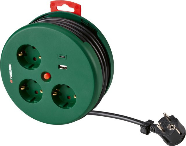 Parkside Steckdosenwürfel Mini-Kabeltrommel mit 3 m Kabel in Grün mit USB-A und USB-C Anschlüssen und IP44 Schutz - Bild 1
