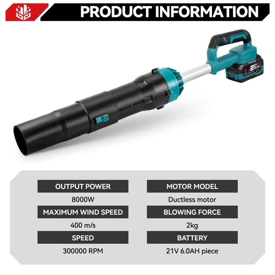 ONEVAN Bürstenloser Elektrischer Turbo-Gebläse Kabelloser Laubbläser 8000W 400M/s Kompatibel mit Makita 18V Akku - Bild 2