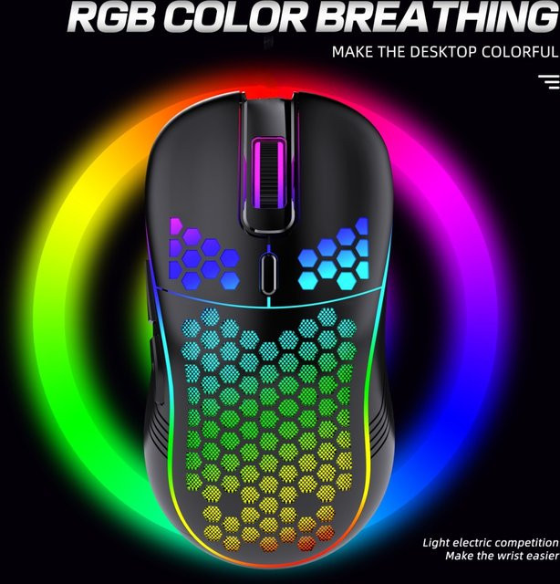 Kabellose 2,4G Gaming-Maus mit RGB-Beleuchtung und ergonomischem Wabendesign in Schwarz, aufladbar mit einstellbarer DPI für Desktop und Laptop - Bild 1