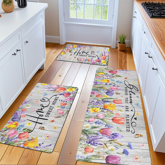 Rutschfeste Küchenmatte mit Blumenmuster aus weichem Flanell in Mehrfarbig, rechteckiger Teppich im Landhausstil für Küche, Badezimmer, Schlafzimmer und Wohnzimmer - Bild 1