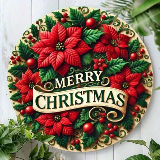 Potdemiel Vintage Frohe Weihnachten Wandkunst aus Metall, Rund, Mehrfarbig, Durchmesser: 19,81 cm - Bild 1