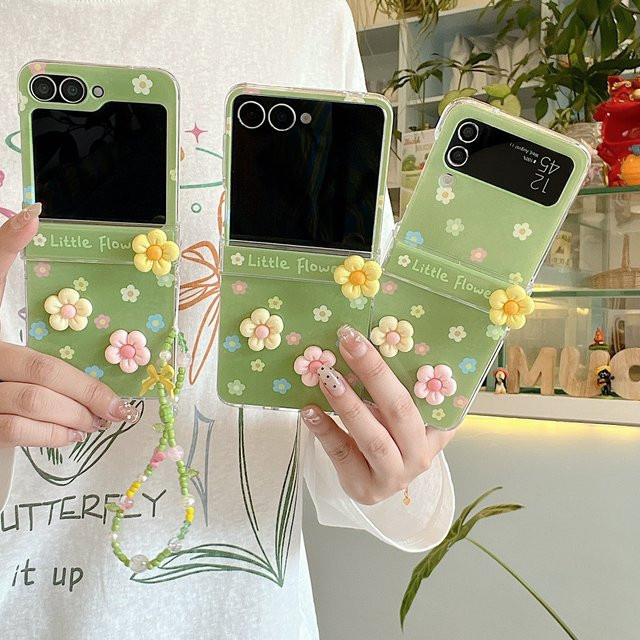 Grüne 3D-Blumen-Handyhülle mit Perlenband für Samsung Galaxy Z Flip 7 6 5 4 3 - Bild 1