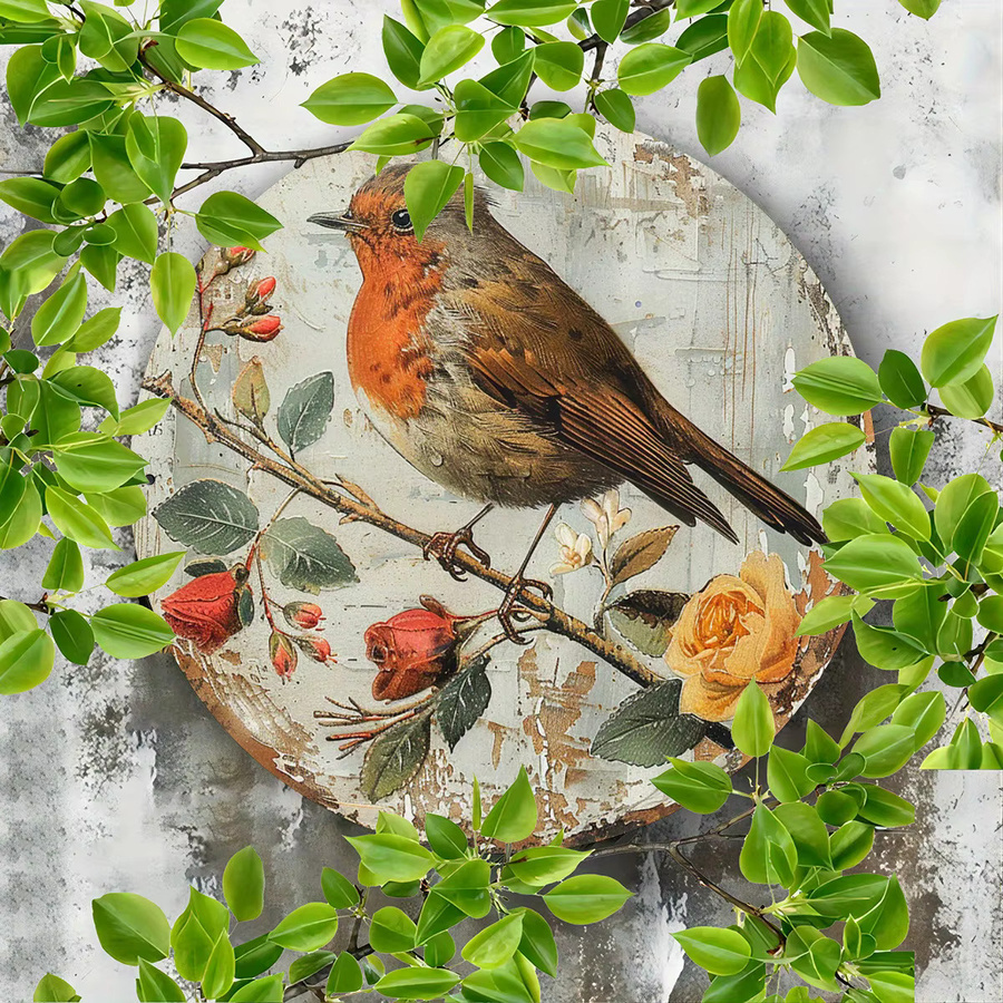 Potdemiel Rundes Aluminiumschild mit Vintage-Robin-Vogel-Motiv, Durchmesser: 20,32 cm, Mehrfarbig - Bild 3