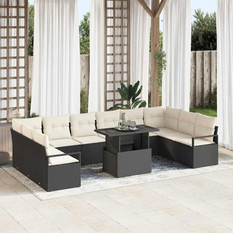 Vidaxl Garten-Sofa-Set aus Polyrattan in Schwarz und Creme, 11-teiliges Loungemöbel-Set, B/T/H: 100 x 55 x 73 cm - Bild 1