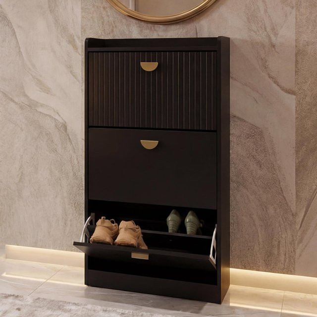 Schuhschrank MCW-O39 mit 3 Klappfächern in Schwarz Holzoptik, B/H/T: 117 x 60 x 24 cm - Bild 1