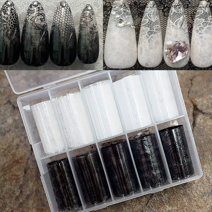 MingLee Nagelfolien Spitze, 10 Rollen, Schwarz Weiß, Nail Art Transferpapier - Bild 3