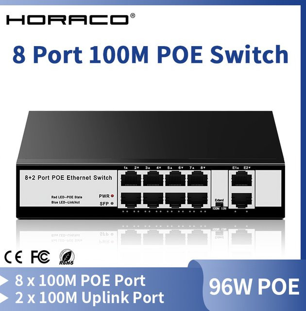 HORACO 8 Port PoE Netzwerk Switch 100Mbps mit 96W für IP Kameras und Überwachung, Schwarz - Bild 1
