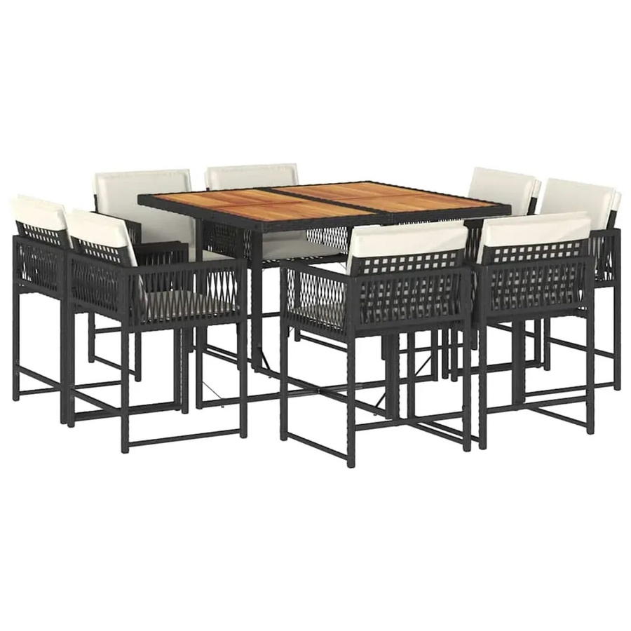 vidaXL 9-teilige Garten-Essgruppe aus Poly-Rattan und Akazienholz in Schwarz mit Kissen für Garten, Hinterhof und Terrasse - Bild 2