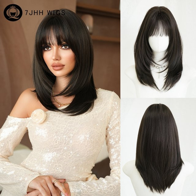 7JHH WIGS Perücke für Damen, schulterlang, glatt, dunkelbraun, synthetisch - Bild 1