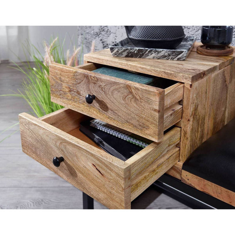 Wohnling Sitzbank im Retro-Style aus Mango-Massivholz und Ziegenleder in Schwarz, B/H/T: 100 x 60 x 35 cm - Bild 3
