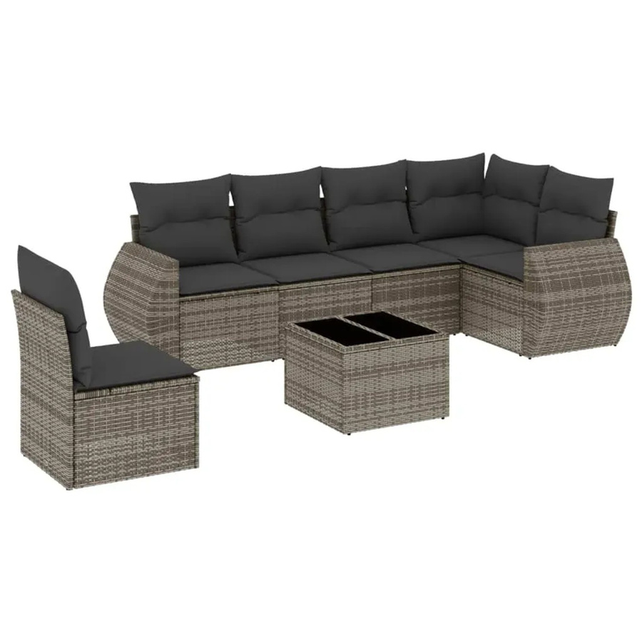 vidaXL 7-teilige Garten-Sofagarnitur in L-Form aus grauem Poly-Rattan mit Kissen und pulverbeschichtetem Stahlgestell - Bild 2