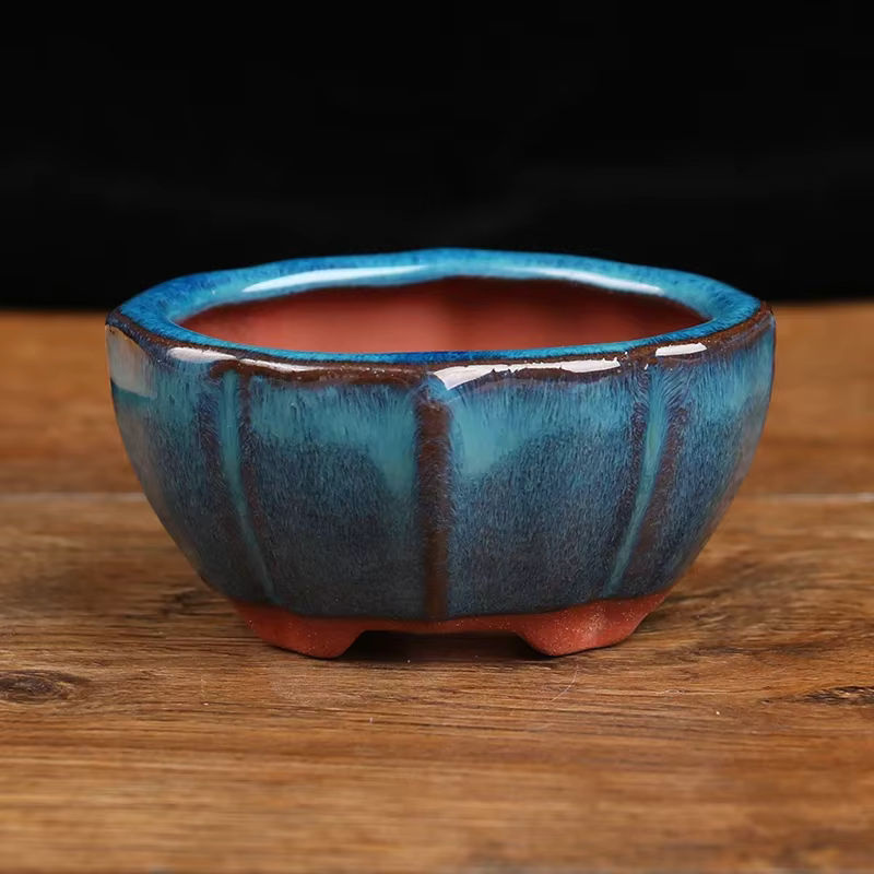 Blauer Keramik-Bonsai-Blumentopf im orientalischen Stil, rundes Pflanzgefäß für Dekoration, B/T/H: 7,5 x 5,7 x 4 cm - Bild 6