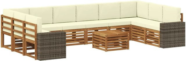 vidaXL Outdoor-Sofagarnitur aus Akazienholz mit 11-teiligem Set in Natur und Creme mit wetterfesten Polyester-Kissen - Bild 1