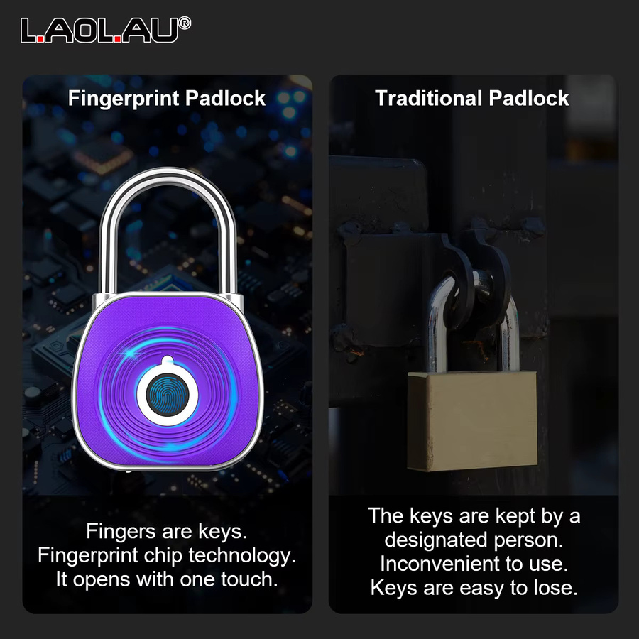 Biometrisches Smart-Vorhängeschloss von L.AOL.AU in Schwarz oder Lila, wasserdichtes digitales USB-Gepäckschloss mit Fingerabdruck-Sensor - Bild 5